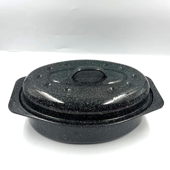 Vintage Dining Enamel Ware Black White Speckled Small Roasting Pan